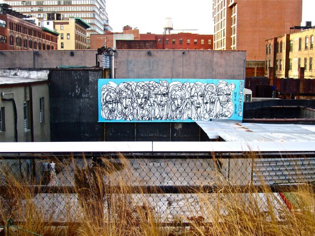 The High Liners - Urban Art mural viewable from the High Line park, painted with paint and acrylic paint on corrugated metal by artist Jordan Betten in New York City 2013