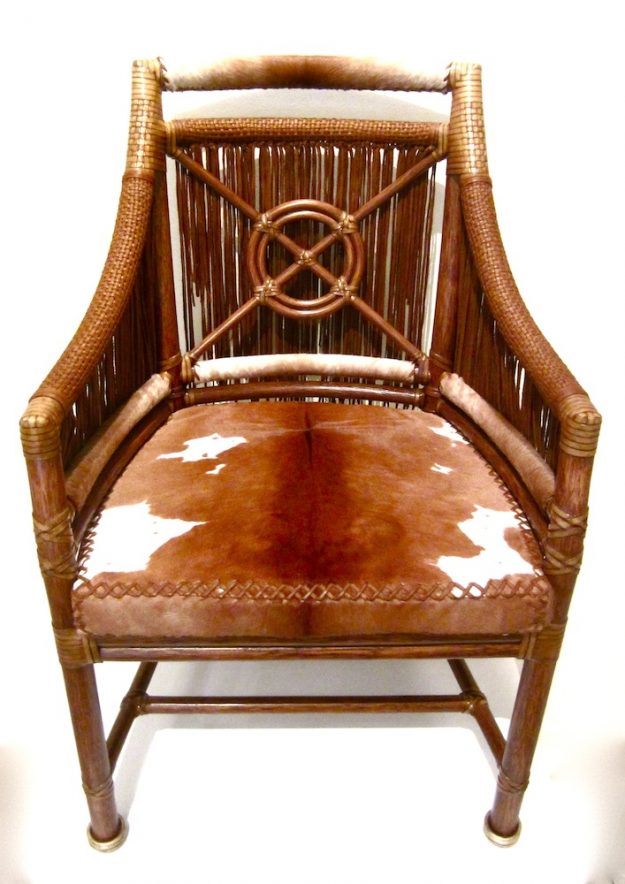 Lost Art hand-made Calf fur chair with woven details and fringe with a calf fur cushion
