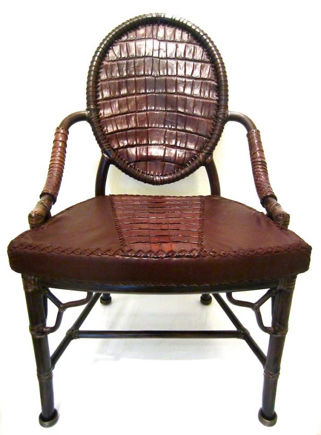 A Lost Art hand-made Alligator Skin chair, Leather details with seat cushions covered with Alligator Skin and Leather