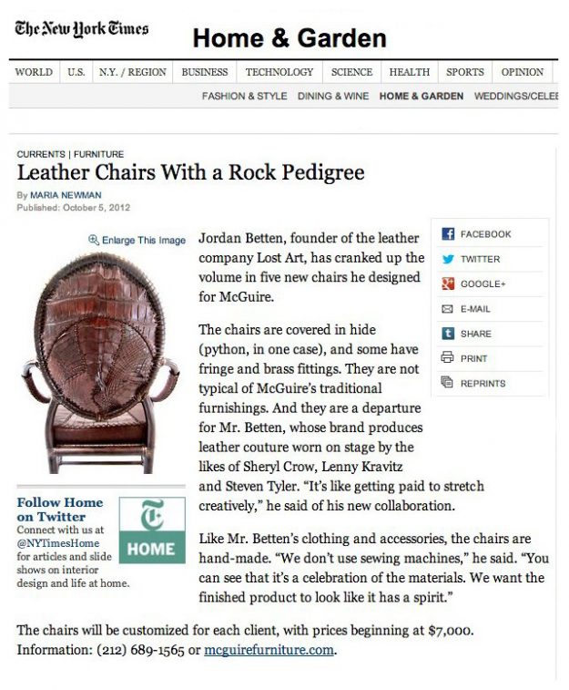 New York Times article about the joint venture of Lost Art™ by Jordan Betten and the McGuire Furniture Company of custom leather chairs.