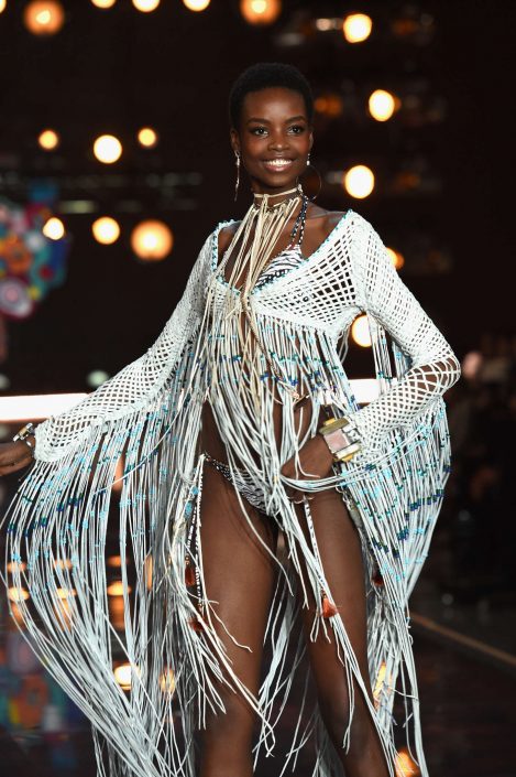 Fashion Model Maria Borges wears Lost Art woven leather top walks at theVictoria's Secret Fashion Show 2015