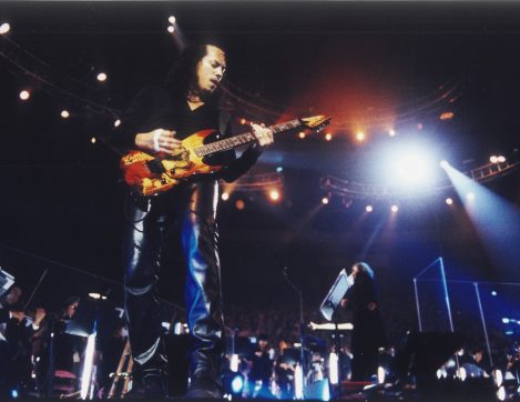 Guitarist Kirk Hammett of the Rock Band Metallica wears black Lost Art leather pants