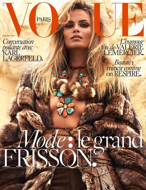 Supermodel Natasha Poly wears a Lost Art Python Belt & a Lost Art Python Skirt on the cover of Vogue Paris September 2015 issue